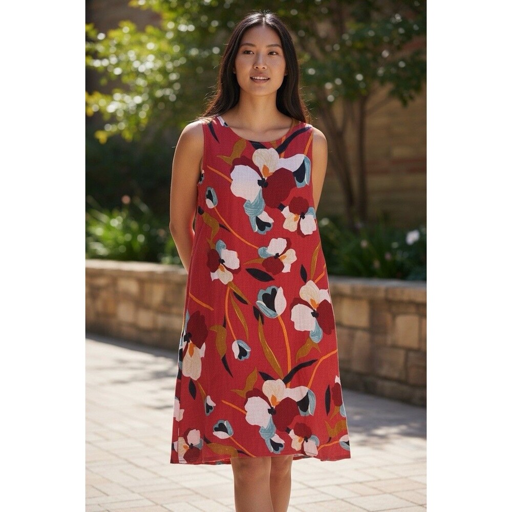 NWT Sigrid Olsen Red Floral Sleeveless Dress 100% Linen Shift Pockets Size S